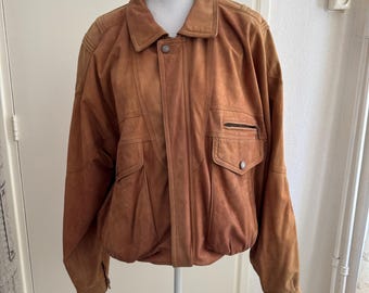 Vintage leather jacket coat brown faded bomber oversized large unisex beige vest pilot flight 90s boxy distressed