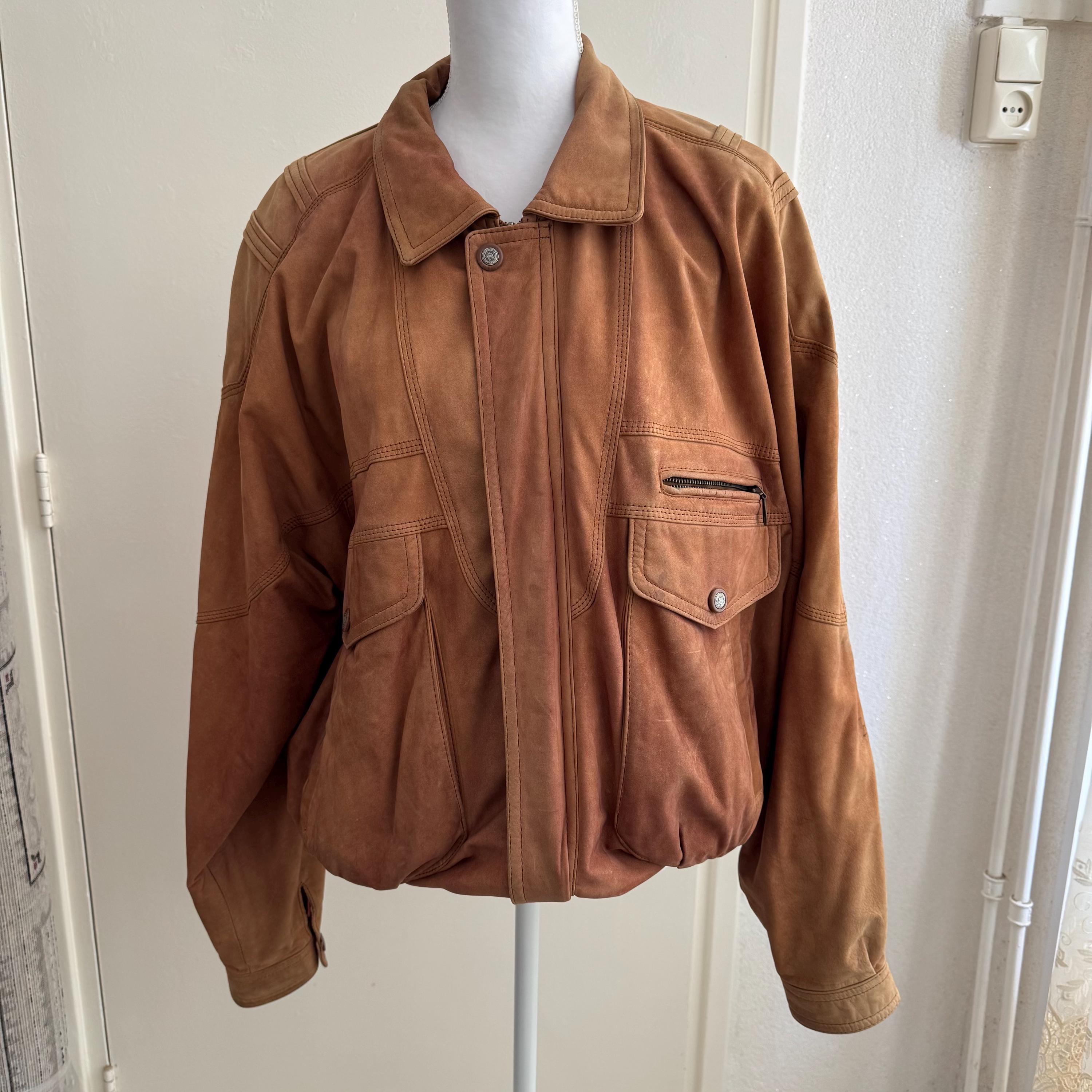 Vintage Leather Jacket Coat Brown Faded Bomber Oversized Large