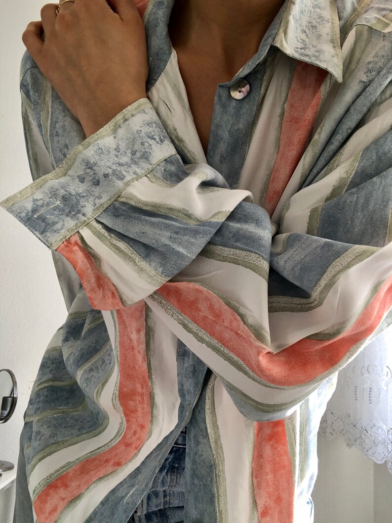 vintage pastel stripes watercolor printed blouse tshirt yessica polyester silky oversized spring colorful pattern