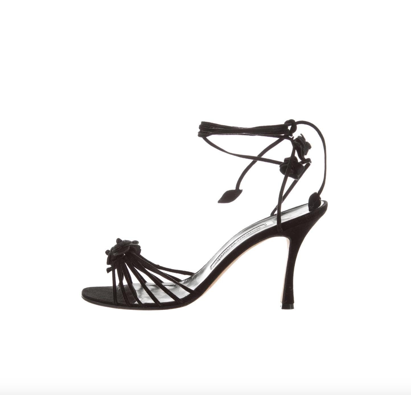 Vintage MANOLO BLAHNIK 1996 Suede Lace up Black Sandals Flower