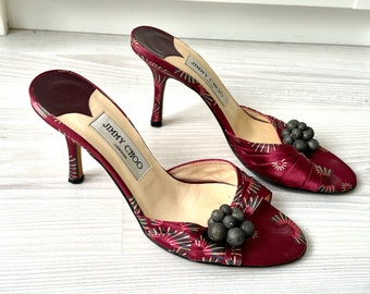 vintage Jimmy Choo mules 37.5 heels shoes satin purple printed sandals balls leather kitten embellishment 90s print pearls