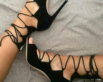 GIANVITTO ROSSI sandali in camoscio con lacci neri tacco 37 cinturini lacci scarpe alte décolleté anni 2000 pelle pizzo tacchi a spillo stivali punta aperta