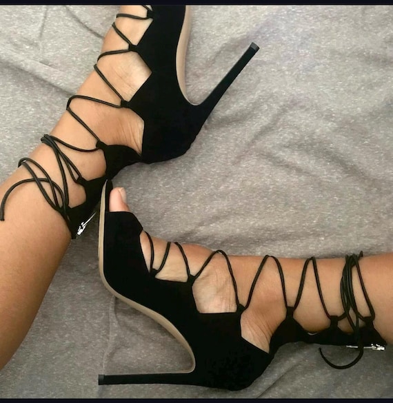 GIANVITTO ROSSI Lace-up Suede Sandals Black Heels 37 Strappy