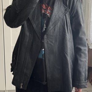 Vintage black leather jacket biker 90s long oversized zipper retro buckle bomber unisex bolivia coat light weight image 10