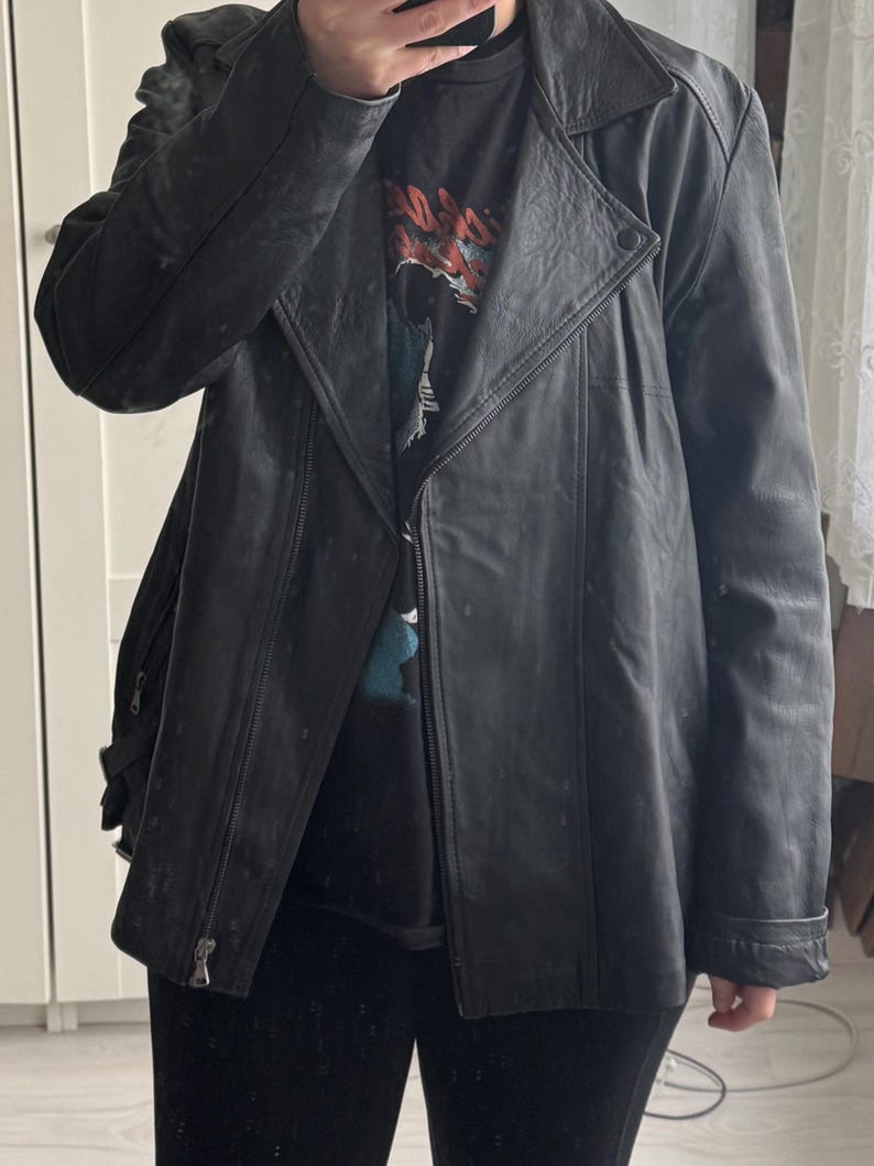 Vintage black leather jacket biker 90s long oversized zipper retro buckle bomber unisex bolivia coat light weight image 10