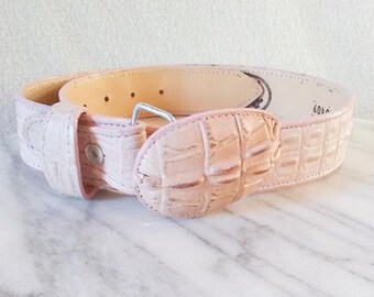 Vintage pink leather belt textured pastel baby blush Dos Dos Oro with Belt Buckle croco handmade mexico