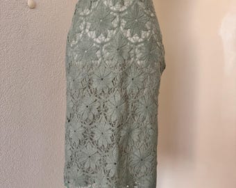 Gonna vintage MOSCHINO in lana all'uncinetto verde midi lavorata a maglia, tessuto a maglia, trasparente, anni '90, pastello chic, anni 2000, y2k, vita bassa, alta, traforata, foderata, verde lime