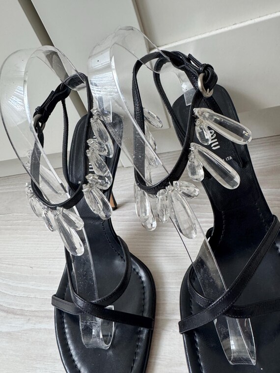 Vintage MIU MIU Crystal Heels Black Leather Wrap Straps 37.5 Shoes