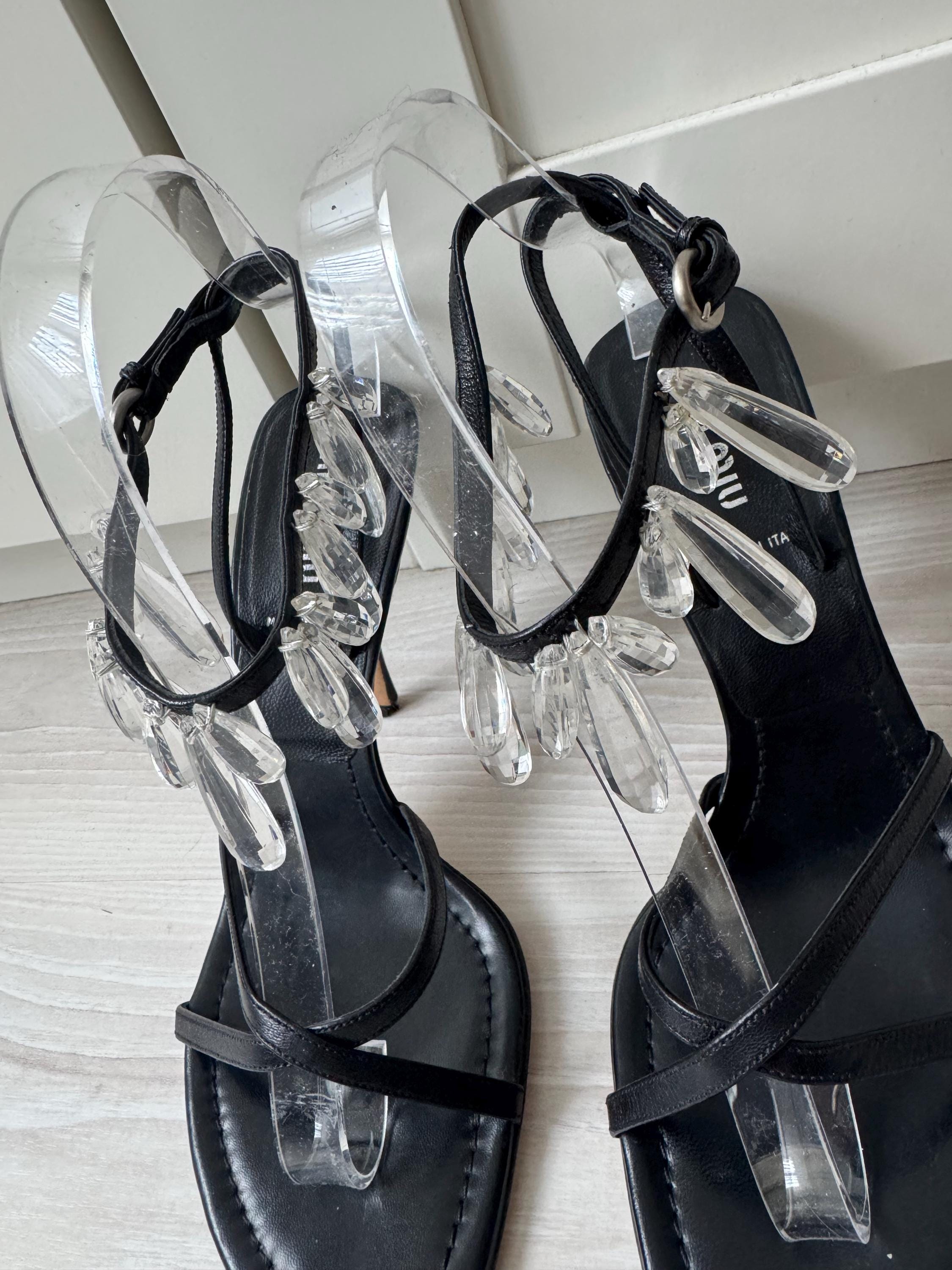Vintage MIU MIU Crystal Heels Black Leather Wrap Straps 37.5 Shoes