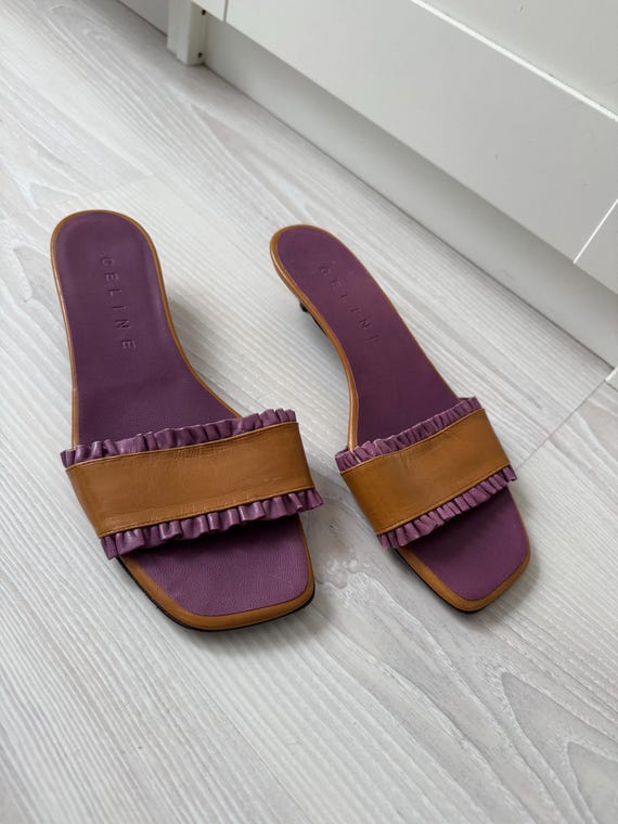 Vintage CELINE Heels Kitten Mules Sandals Ruffles Brown