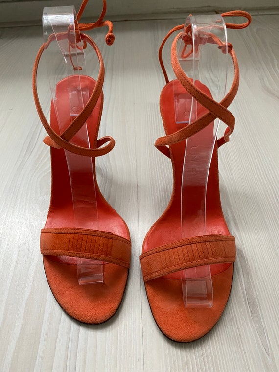 vintage CELINE poppy suede orange sandals heels 3… - image 5