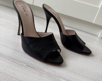 Vintage MIU MIU Mules 38 High Heels Shoes Black Leather Sandals