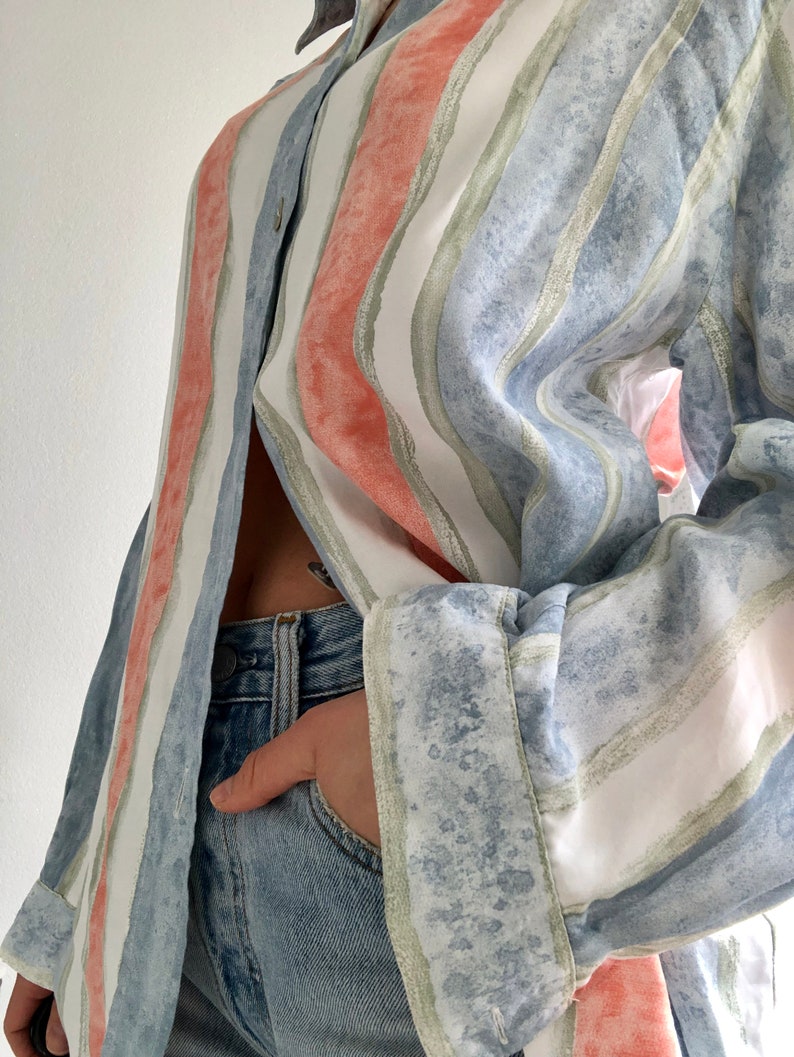 vintage pastel stripes watercolor printed blouse tshirt yessica polyester silky oversized spring colorful pattern