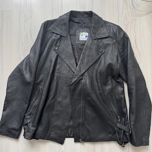 Vintage black leather jacket biker 90s long oversized zipper retro buckle bomber unisex bolivia coat light weight