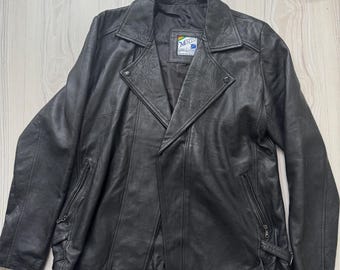 Vintage black leather jacket biker 90s long oversized zipper retro buckle bomber unisex bolivia coat light weight