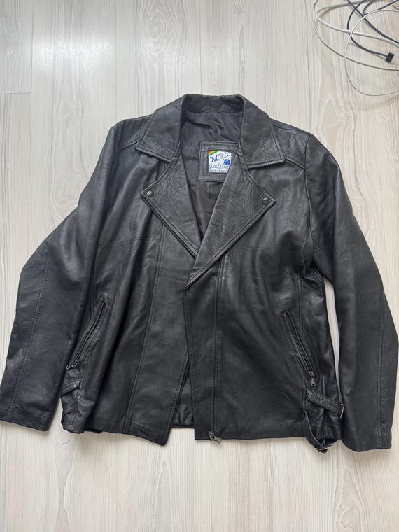 Vintage black leather jacket biker 90s long oversized zipper retro buckle bomber unisex bolivia coat light weight