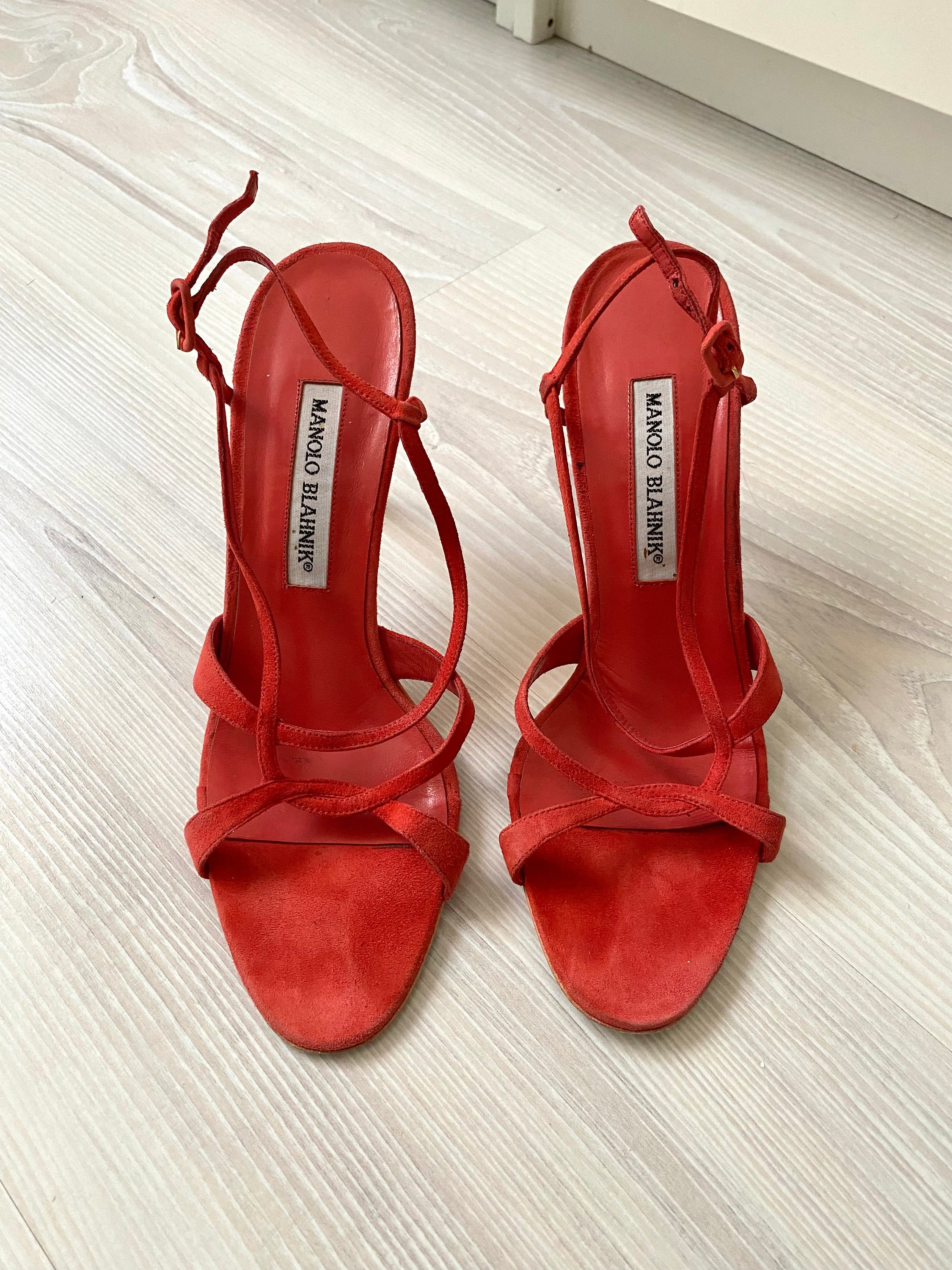 Vintage MANOLO BLAHNIK 37.5 Red Slingback Leather Mules 90s