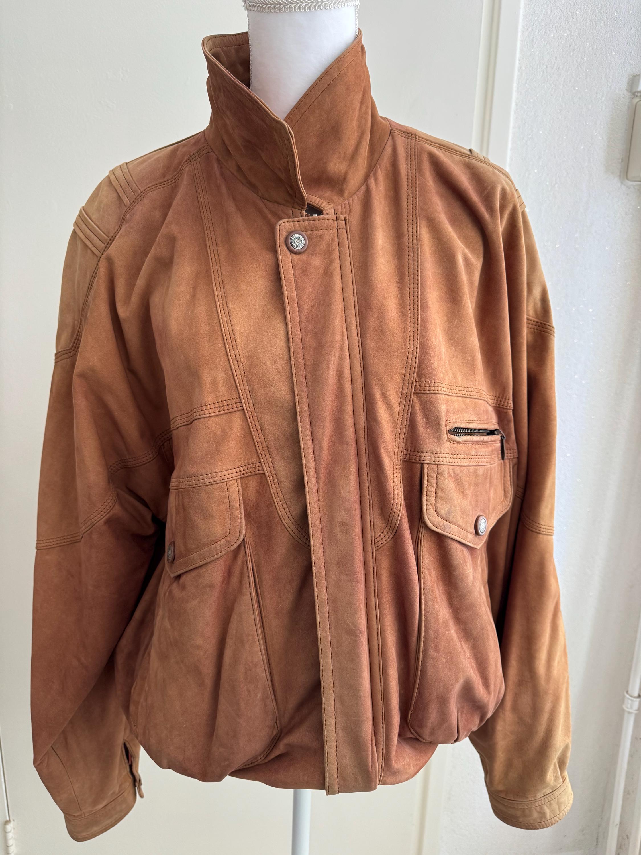 Vintage Leather Jacket Coat Brown Faded Bomber Oversized Large