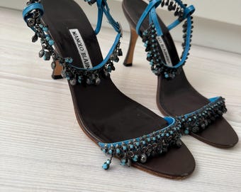 ヴィンテージ MANOLO BLAHNIK ターコイズ メタル ビーズ サンダル ヒール シューズ ブルー 37.5 ハイ 00s 2000 シエンザ ビーズ ストーン 上品 ストラップ ブラウン ブロンズ