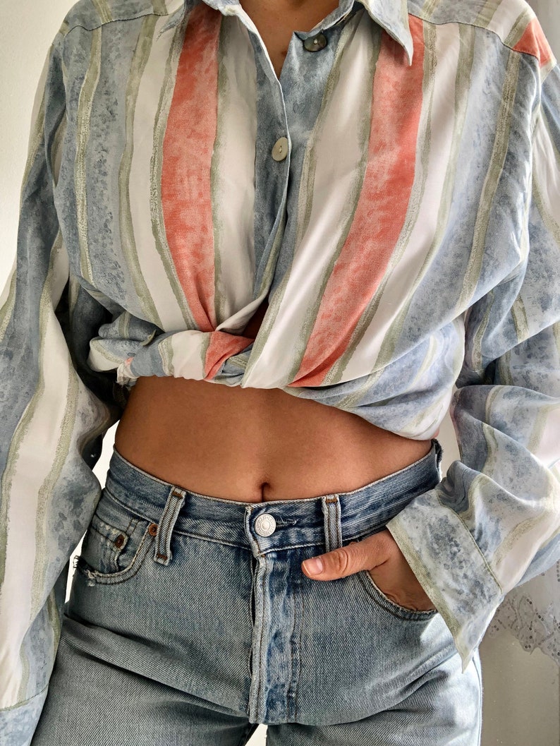 vintage pastel stripes watercolor printed blouse tshirt yessica polyester silky oversized spring colorful pattern