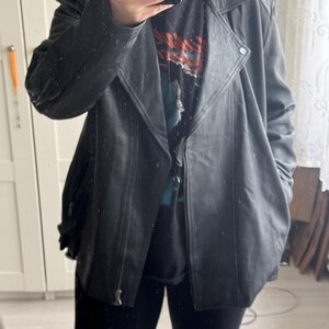 Vintage black leather jacket biker 90s long oversized zipper retro buckle bomber unisex bolivia coat light weight image 13