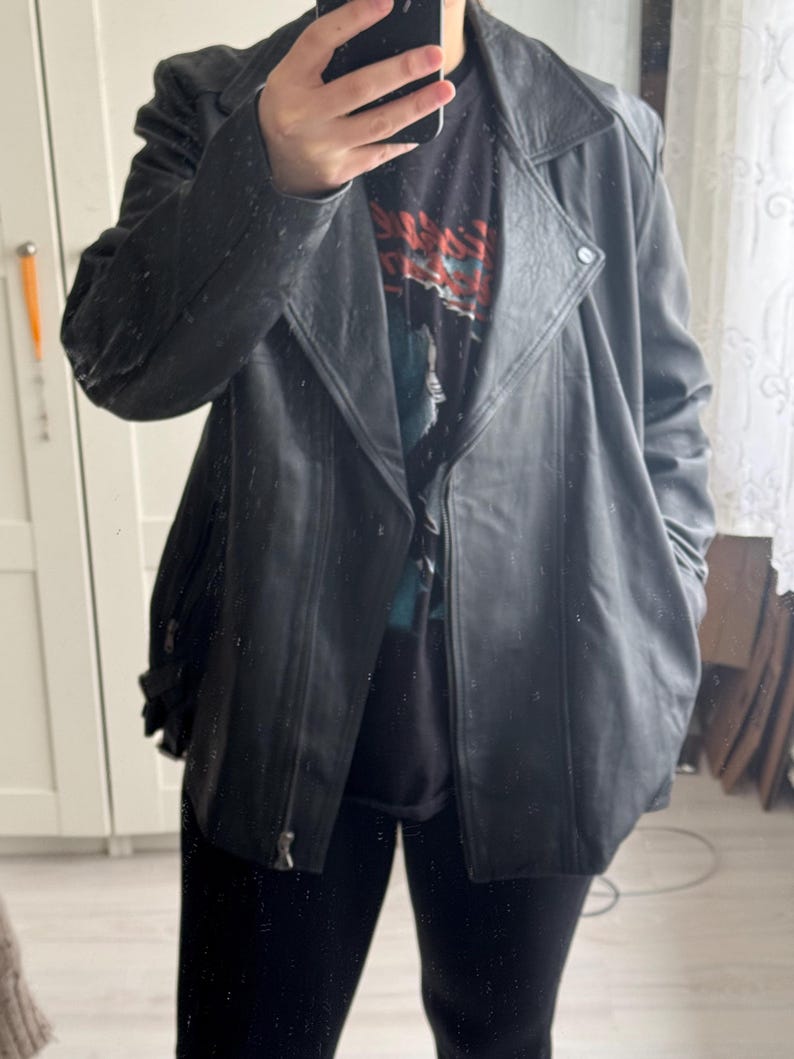 Vintage black leather jacket biker 90s long oversized zipper retro buckle bomber unisex bolivia coat light weight image 13