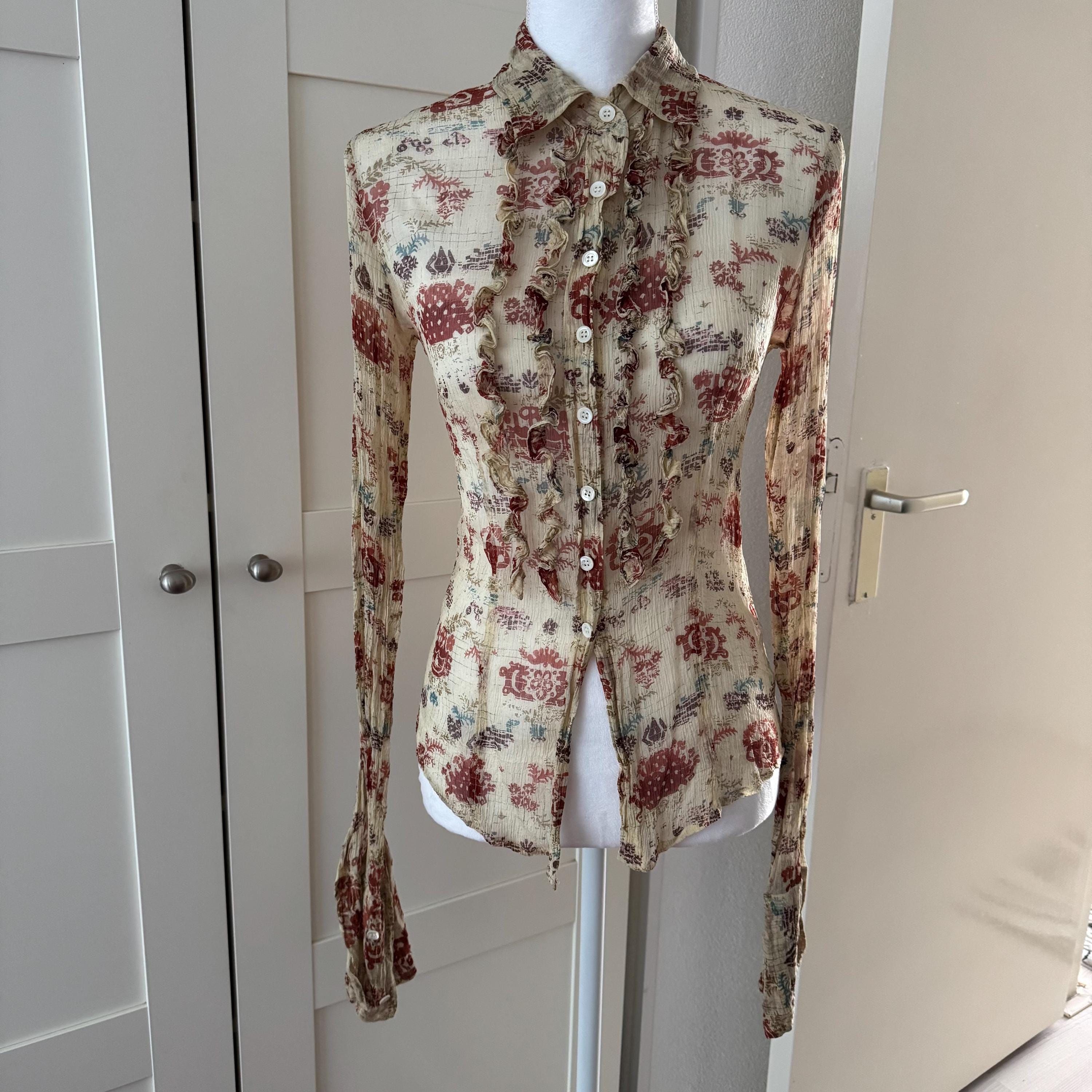 Vintage DRIES VAN NOTEN Silk Blouse Sheer Long Ruffles Printed