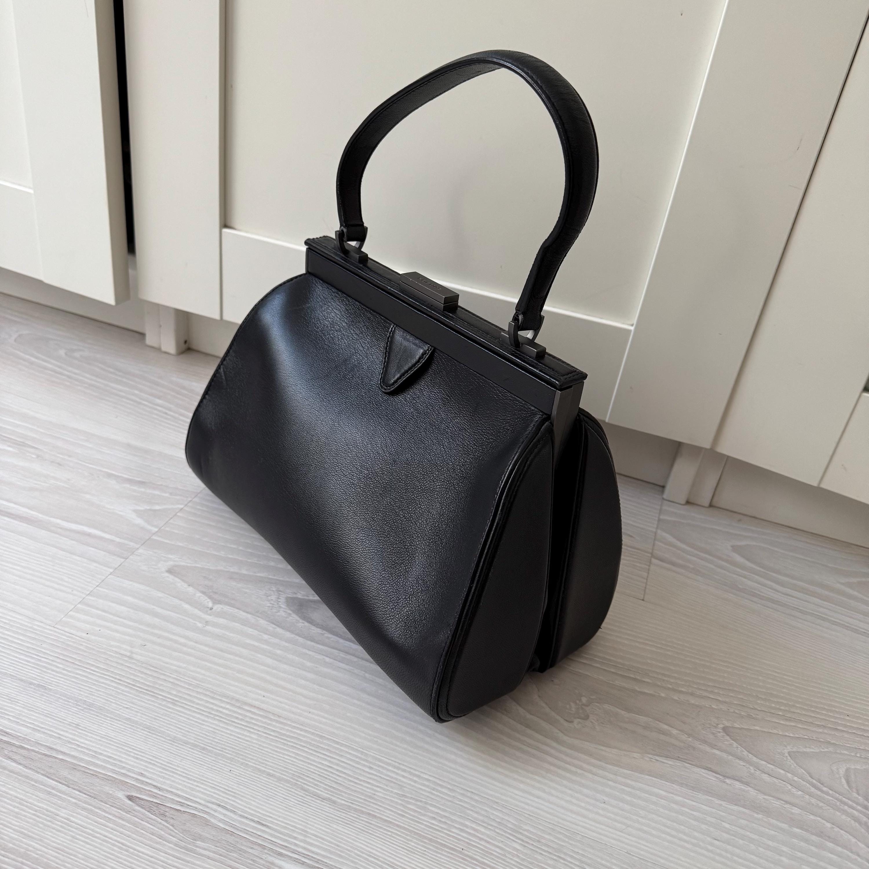 Vintage ROCHAS s/s 2010 leather black handbag purse art deco boxbag box top handle boxy bag satchel 00s chic minimalist 60s 50s style f/w 10