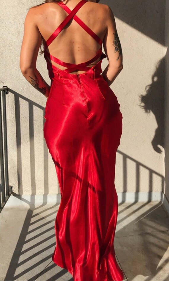 red silk strappy dress