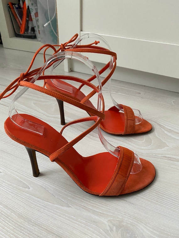 vintage CELINE poppy suede orange sandals heels 3… - image 1