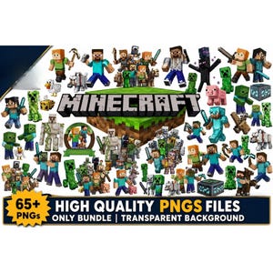 Puede incluir: Una colección digital de más de 65 ilustraciones de personajes y criaturas de Minecraft con diseños de bloques en varios colores. El logotipo central de Minecraft se sitúa sobre un bloque de hierba, con el texto 65+ HIGH QUALITY PNGS FILES.