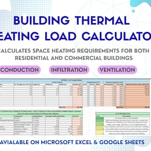 May include: A digital building thermal heating load calculator spreadsheet for residential and commercial use. The interface displays tables for room volume, air change methods, thermal properties, and local shielding classes in a grid format.