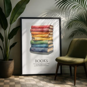 Luxury Rainbow Books Poster, Watercolour Vintage Book Stack Art Print, Multi Colour Library Wall Art