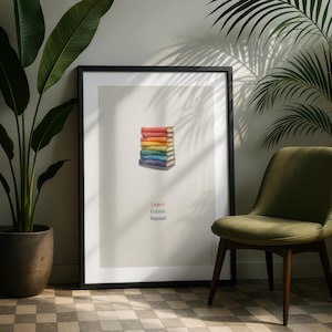 Könnte beinhalten: Ein gerahmter Kunstdruck mit einem vertikalen Stapel aus sieben Büchern in Regenbogenfarben auf hellbeigem Hintergrund. Unter den Büchern steht der Text Learn in Rot, Evolve in Hellblau und Repeat in Dunkelblau.