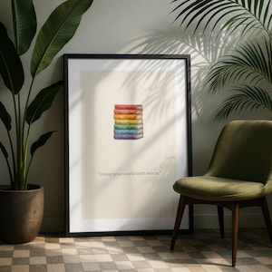 Luxury Rainbow Book Stack Art Print, Watercolour Library Poster, Multi Colour Wall Art, Framed Sizes