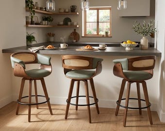 Set of 2 Handmade Solid Wood Bar Stool, Walnut Bentwood Swivel Chair, Upholstered Mid Century Bar Height Stool with Curved Arms