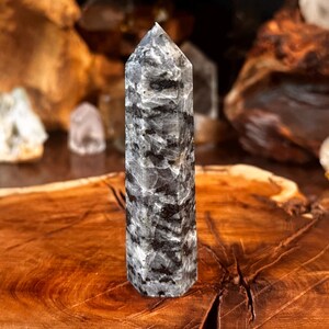 May include: A polished, hexagonal crystal tower featuring a marbled pattern of deep black and translucent grey mineral inclusions. The stone has a pointed, faceted top and a smooth, reflective surface that catches light across its crystalline structure.