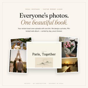 K&ouml;nnte beinhalten: Eine digitale Fotoalbum-Werbung mit dem Titel Everyone's photos. One beautiful book. Sie zeigt eine zentrale Webseite mit der Aufschrift Paris, Together, umgeben von vier Fotos, die ein Picknick, den Eiffelturm, Blumen und einen Sonnenuntergang zeigen.