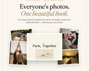 Könnte beinhalten: Eine digitale Fotoalbum-Werbung mit dem Titel Everyone's photos. One beautiful book. Sie zeigt eine zentrale Webseite mit der Aufschrift Paris, Together, umgeben von vier Fotos, die ein Picknick, den Eiffelturm, Blumen und einen Sonnenuntergang zeigen.