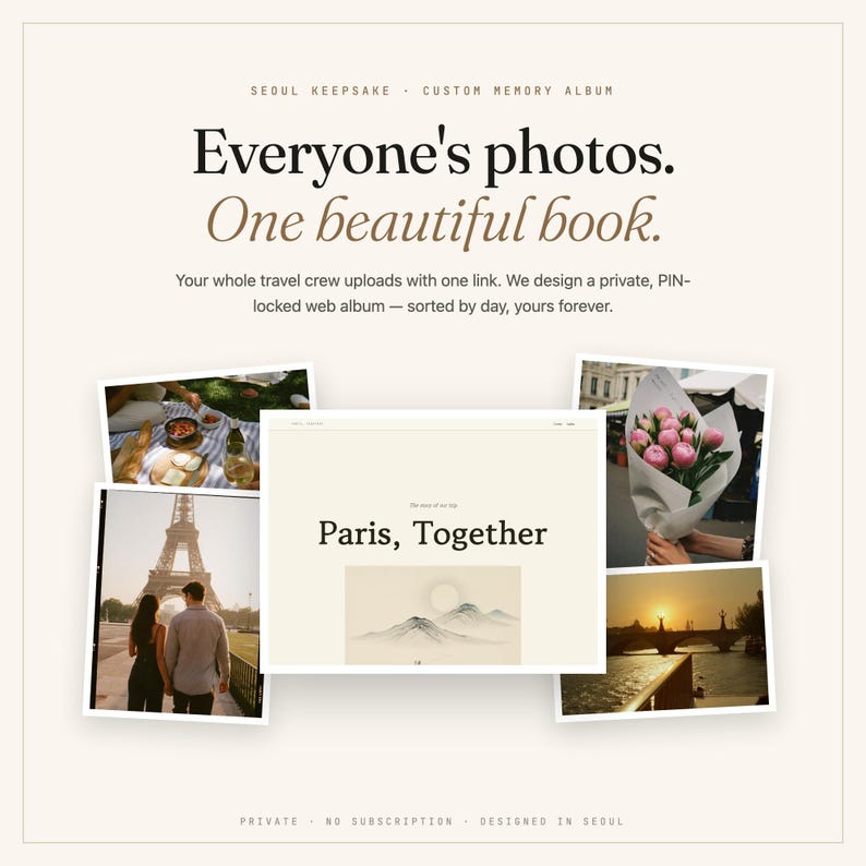 K&ouml;nnte beinhalten: Eine digitale Fotoalbum-Werbung mit dem Titel Everyone's photos. One beautiful book. Sie zeigt eine zentrale Webseite mit der Aufschrift Paris, Together, umgeben von vier Fotos, die ein Picknick, den Eiffelturm, Blumen und einen Sonnenuntergang zeigen.