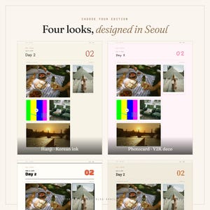 K&ouml;nnte beinhalten: Eine digitale Anzeige mit vier verschiedenen Design-Editionen, beschriftet mit Choose your edition und Four looks, designed in Seoul. Jeder Abschnitt enth&auml;lt den Text Day 2, die Zahl 02 und eine Fotocollage mit einem Picknick, einem Museum, einem Farbbalkentestbild und einer Br&uuml;cke bei Sonnenuntergang. Beschriftungen umfassen Hanji, Korean ink, Photocard und Y2K deco.
