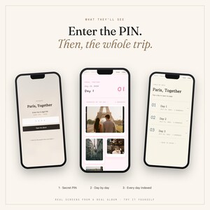 K&ouml;nnte beinhalten: Drei Smartphone-Bildschirme mit einer digitalen Reisealbum-Oberfl&auml;che. Die Bildschirme zeigen eine PIN-Eingabeseite, eine t&auml;gliche Fotogalerie mit dem Eiffelturm und eine chronologische Liste der Reisetage mit dem Titel Paris, Together.