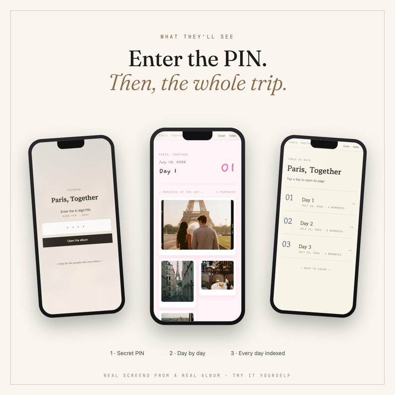 K&ouml;nnte beinhalten: Drei Smartphone-Bildschirme mit einer digitalen Reisealbum-Oberfl&auml;che. Die Bildschirme zeigen eine PIN-Eingabeseite, eine t&auml;gliche Fotogalerie mit dem Eiffelturm und eine chronologische Liste der Reisetage mit dem Titel Paris, Together.