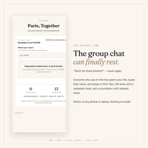 K&ouml;nnte beinhalten: Eine digitale Benutzeroberfl&auml;che f&uuml;r einen Foto-Sharing-Dienst mit dem Titel Paris, Together. Der Bildschirm zeigt ein Upload-Portal mit Feldern f&uuml;r einen Namen, einen Bereich zum Ziehen und Ablegen von Dateien sowie einen Countdown-Timer.