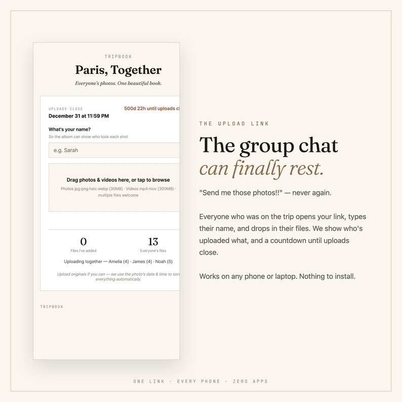 K&ouml;nnte beinhalten: Eine digitale Benutzeroberfl&auml;che f&uuml;r einen Foto-Sharing-Dienst mit dem Titel Paris, Together. Der Bildschirm zeigt ein Upload-Portal mit Feldern f&uuml;r einen Namen, einen Bereich zum Ziehen und Ablegen von Dateien sowie einen Countdown-Timer.