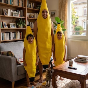 Puede incluir: Tres disfraces de plátano en tela de color amarillo brillante con puntas negras en la parte superior e inferior. Cada disfraz cuenta con una gran abertura para la cara, creando un traje de cuerpo completo que cubre el torso y la cabeza.