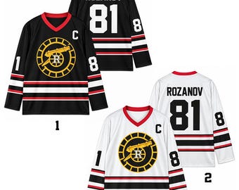 Rozanov 81 Hockey Jersey, Rozanov Movie Shirt, Gold Red Black V-Neck Long Sleeve