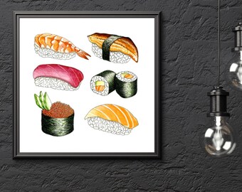 Sushi, Sushi Illustration, Sushi Geschenk, Sushi Stift und Tinte Zeichnung, japanisches Geschenk, Küche Druck, Sushi Print.,