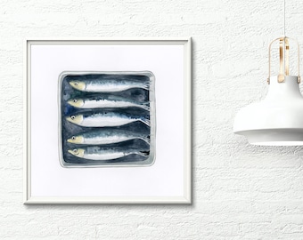 Sardinen Giclée Druck, handgezeichnete Illustration, Sardinenkanne, Fisch Druck, Strand Druck, Küchenkunst, Haus Wärmendes Geschenk.,