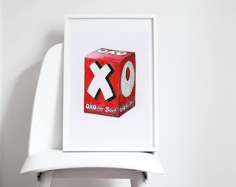 Oxo Illustration, Oxo Würfel, Küchenkunst, Raum dekor, Foodie Geschenk, Haus Wärmendes Geschenk.,